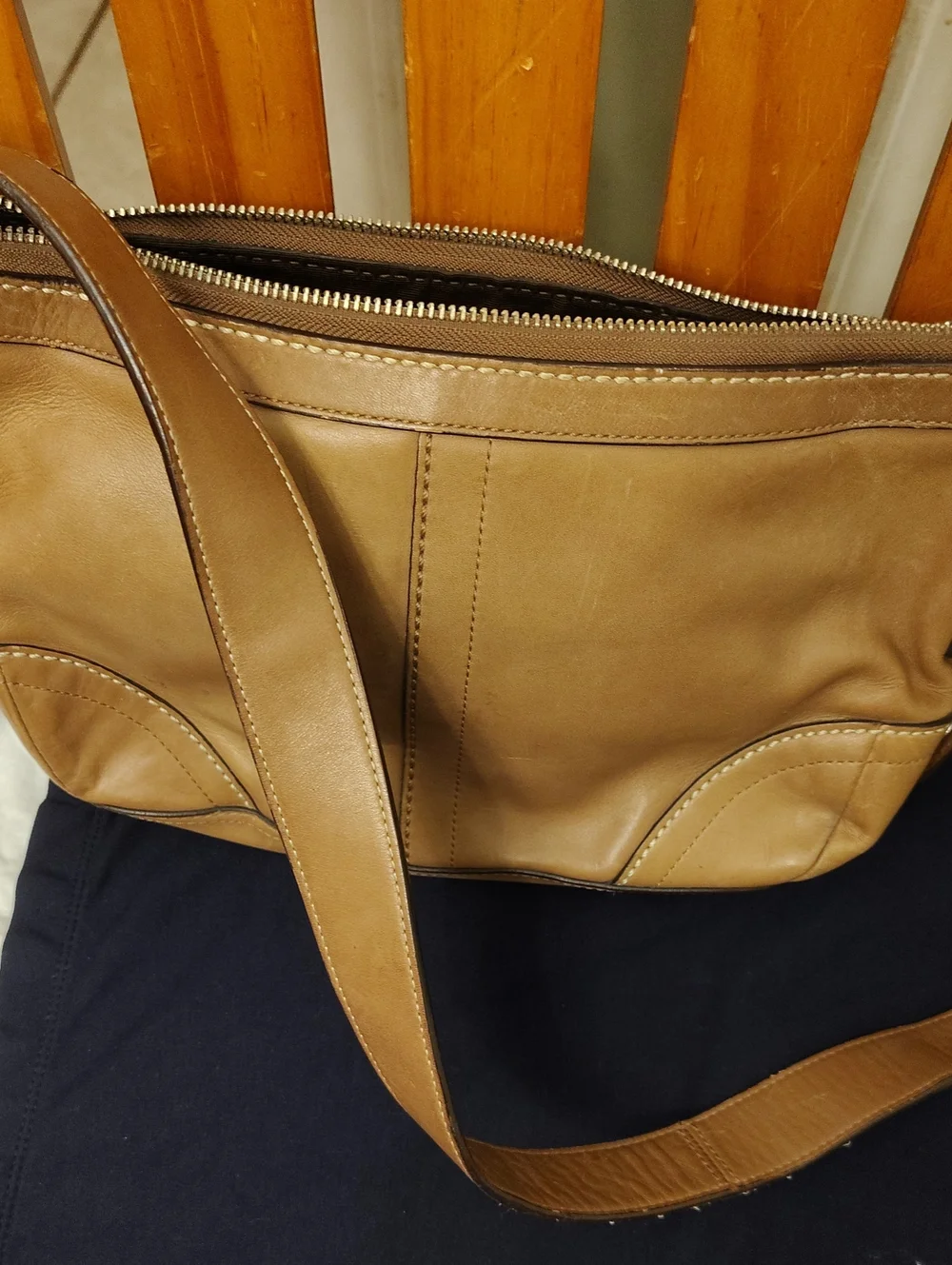 Coach Tan Leather Crossbody with Front Zip Detail